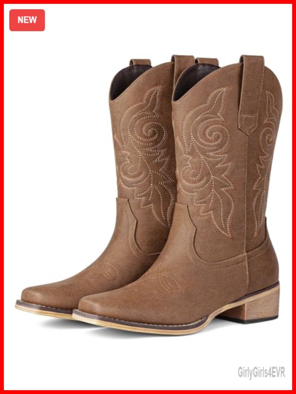 Women's Faux Leather Western Cowboy Boots Square Toe Mid Calf Pull On
